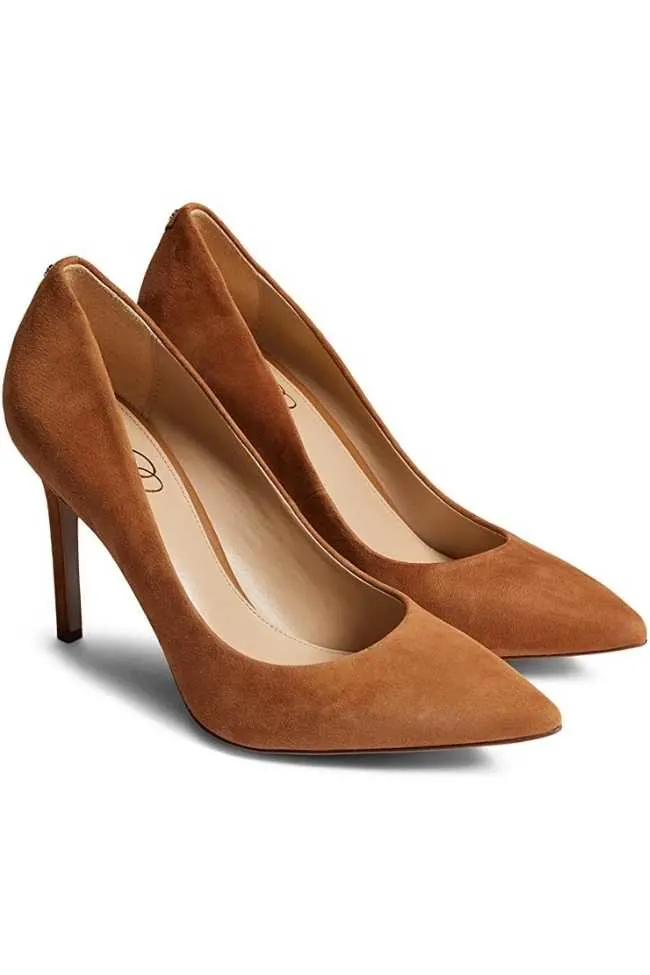 Sam Edelman Hazel Brown Suede Pumps on white background.