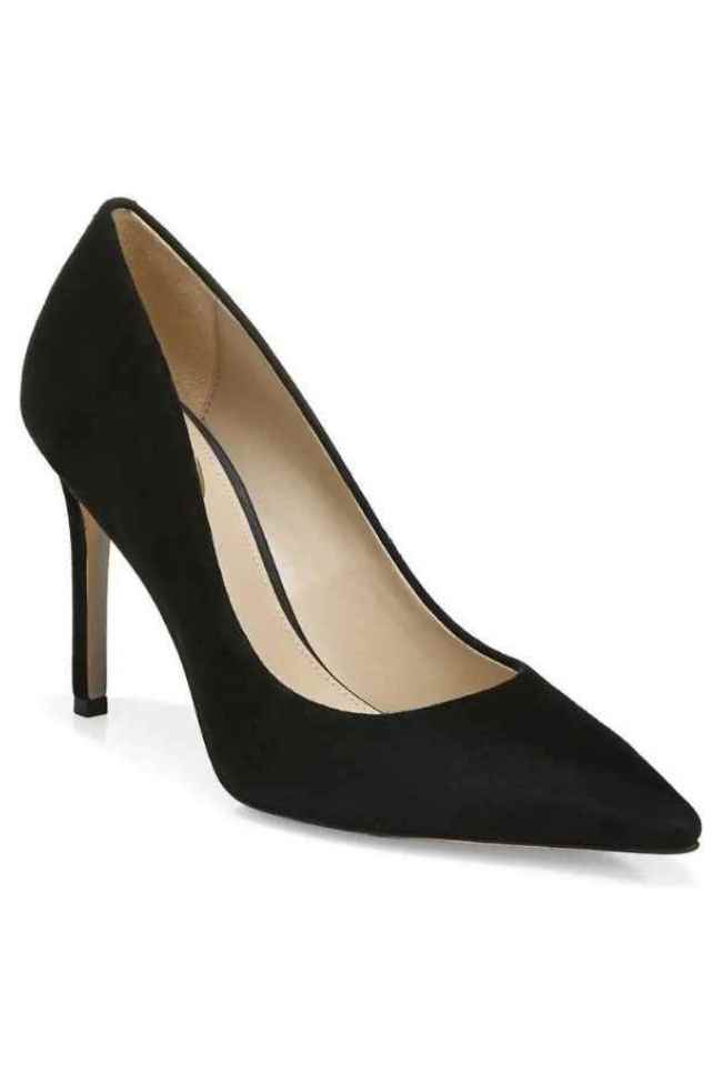 Black Suede High Heel Pump on White background.