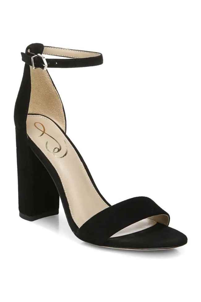 Black Suede High Heel sandals on White background.