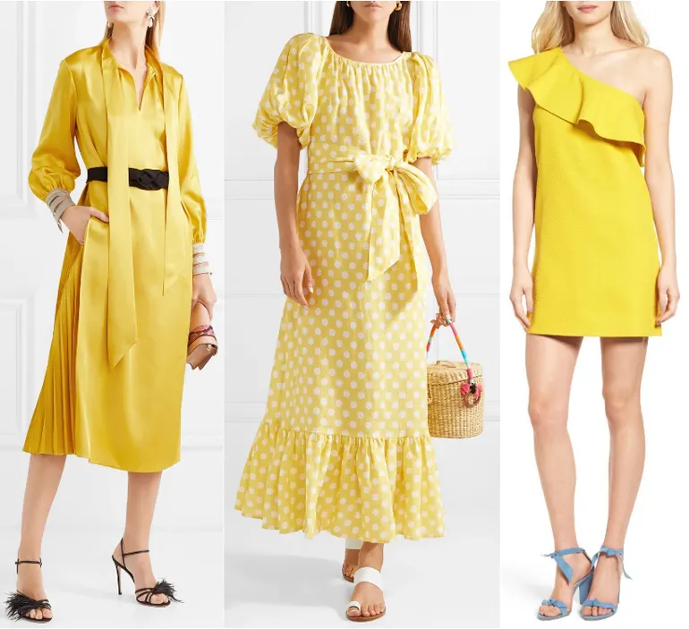 Collage of 3 women wearing different Color Shoes with Yellow Dress outfits.