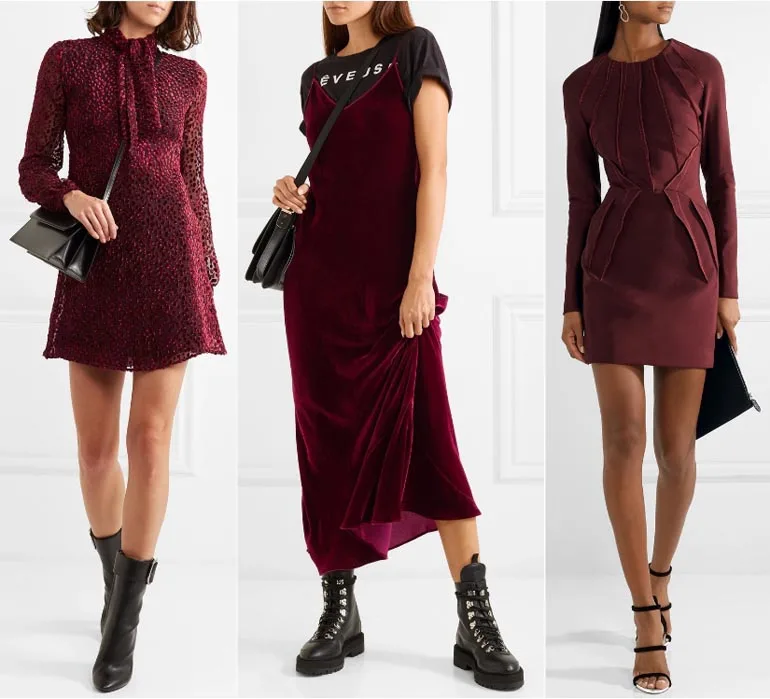 Collage of 3 ladies wearing black shoes with a burgundy dress.