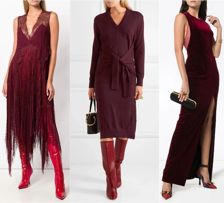 Collage of 3 ladies wearing red shoes with a burgundy dress.