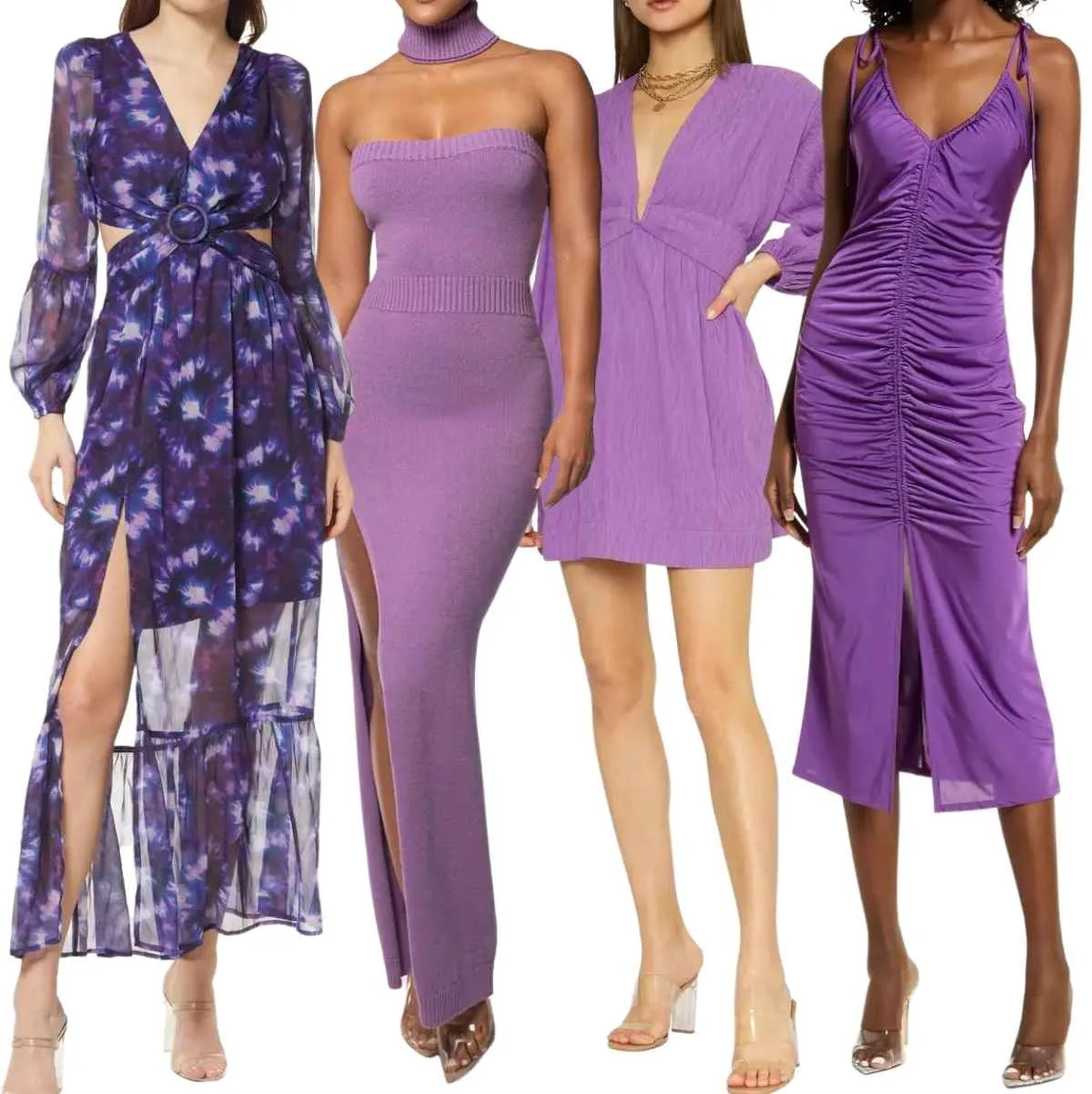 4 women wearing different clear heels and shoes with purple dress outfits.