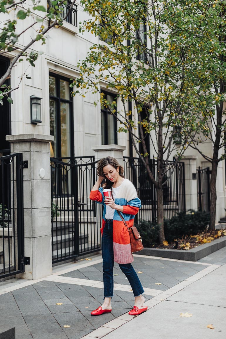 Red Hot Gucci Loafers Dupe Outfit: Vionic Adeline Slides & Striped Cardi