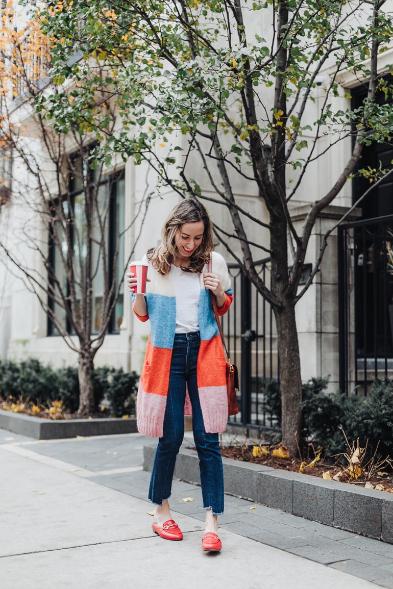 Red Hot Gucci Loafers Dupe Outfit: Vionic Adeline Slides & Striped Cardi