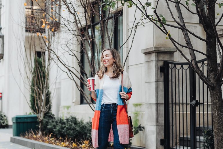 Striped Cardigan & Red Hot Gucci Loafers Dupe with a Twist! Red Gucci Loafers Dupe Vionic Adeline Slides Outfit