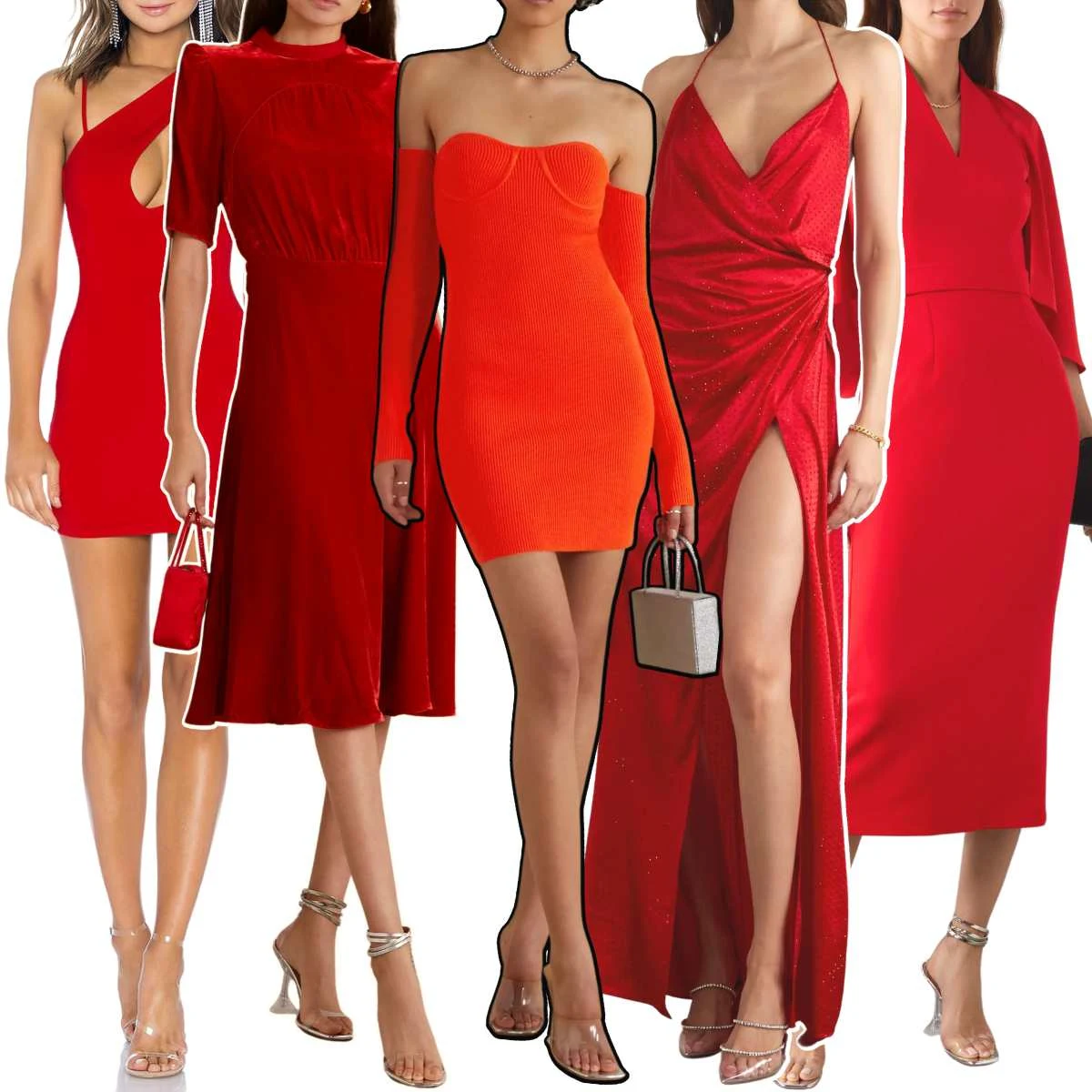 Collage of 5 women wearing different color shoes with a red dress.