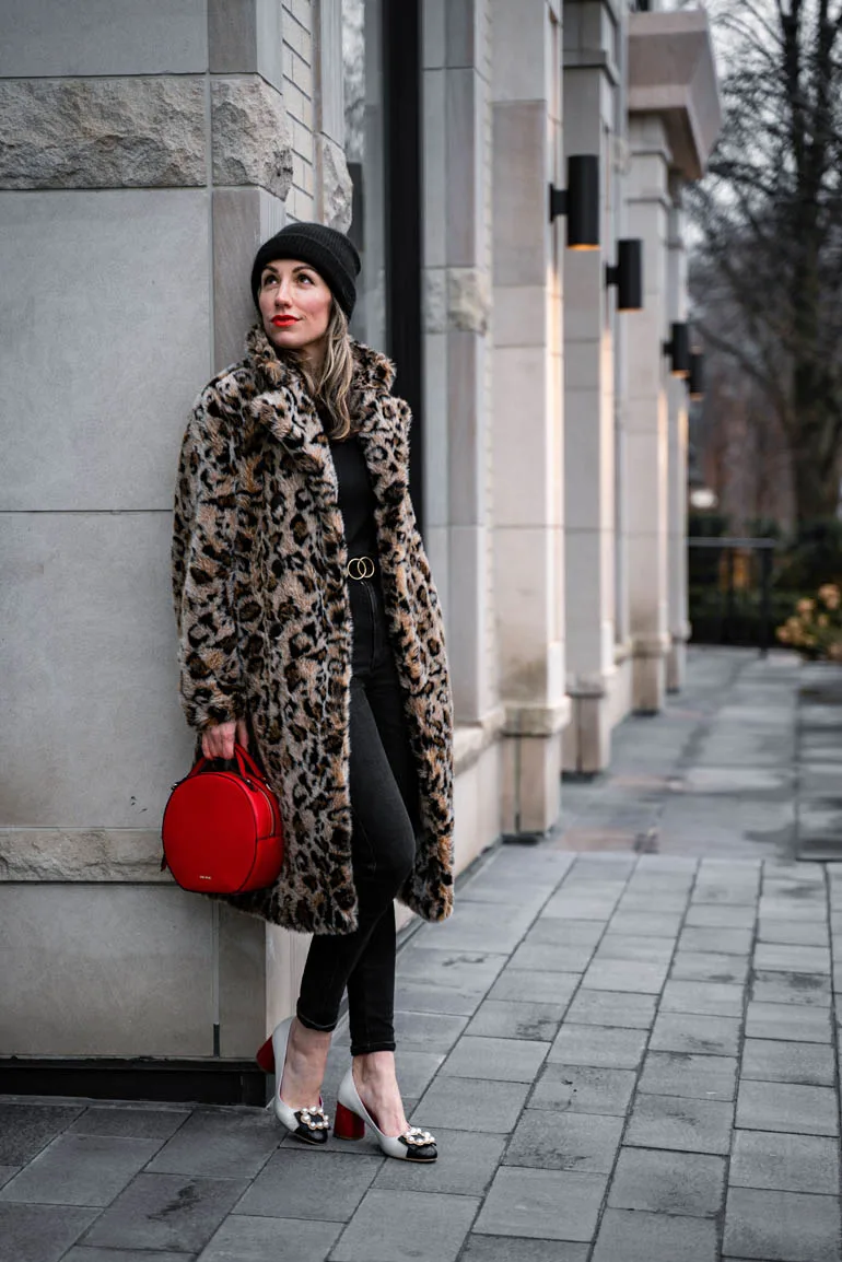 Leopard Print Faux Fur Coat Styled with Gucci Marmont Belt Dupe & Pearl  Pumps
