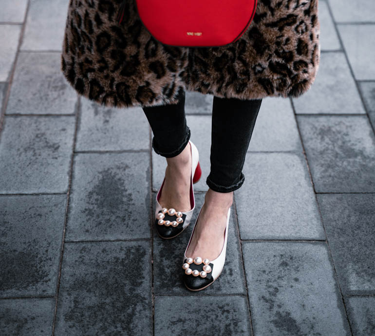 Leopard Print Faux Fur Coat Styled with Gucci Marmont Belt Dupe & Pearl Pumps