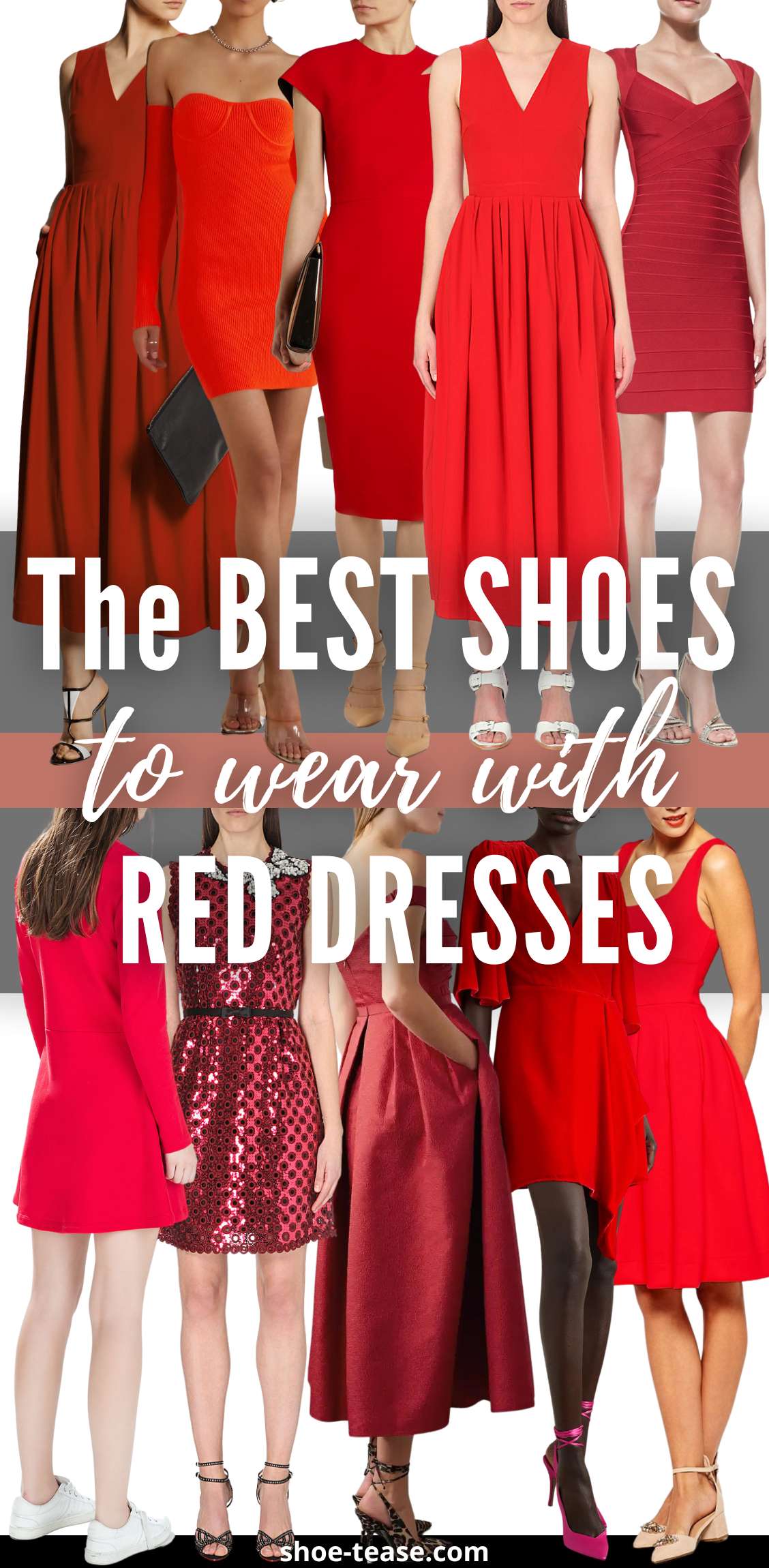 Collage of 10 women wearing different color shoes with a red dress.