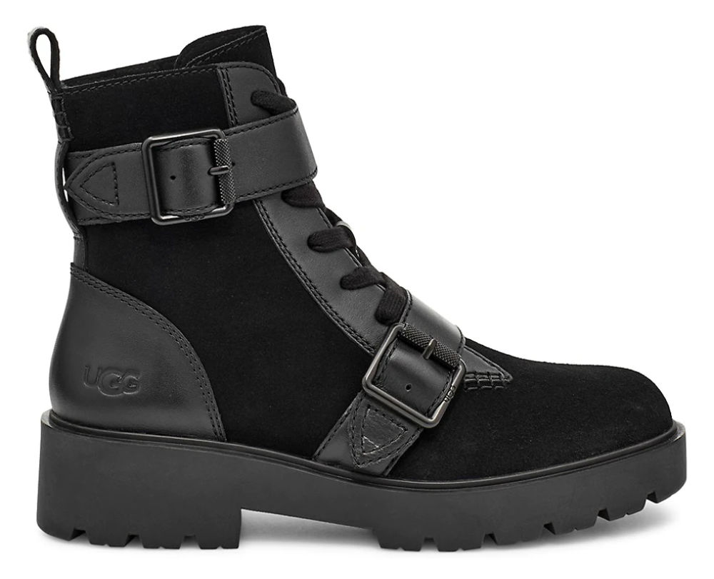 Women's black waterproof tall combat boots with buckles and laces from UGG.