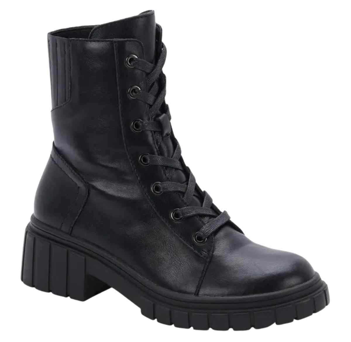 Women's black waterproof combat boots with chunk heel on a white background.