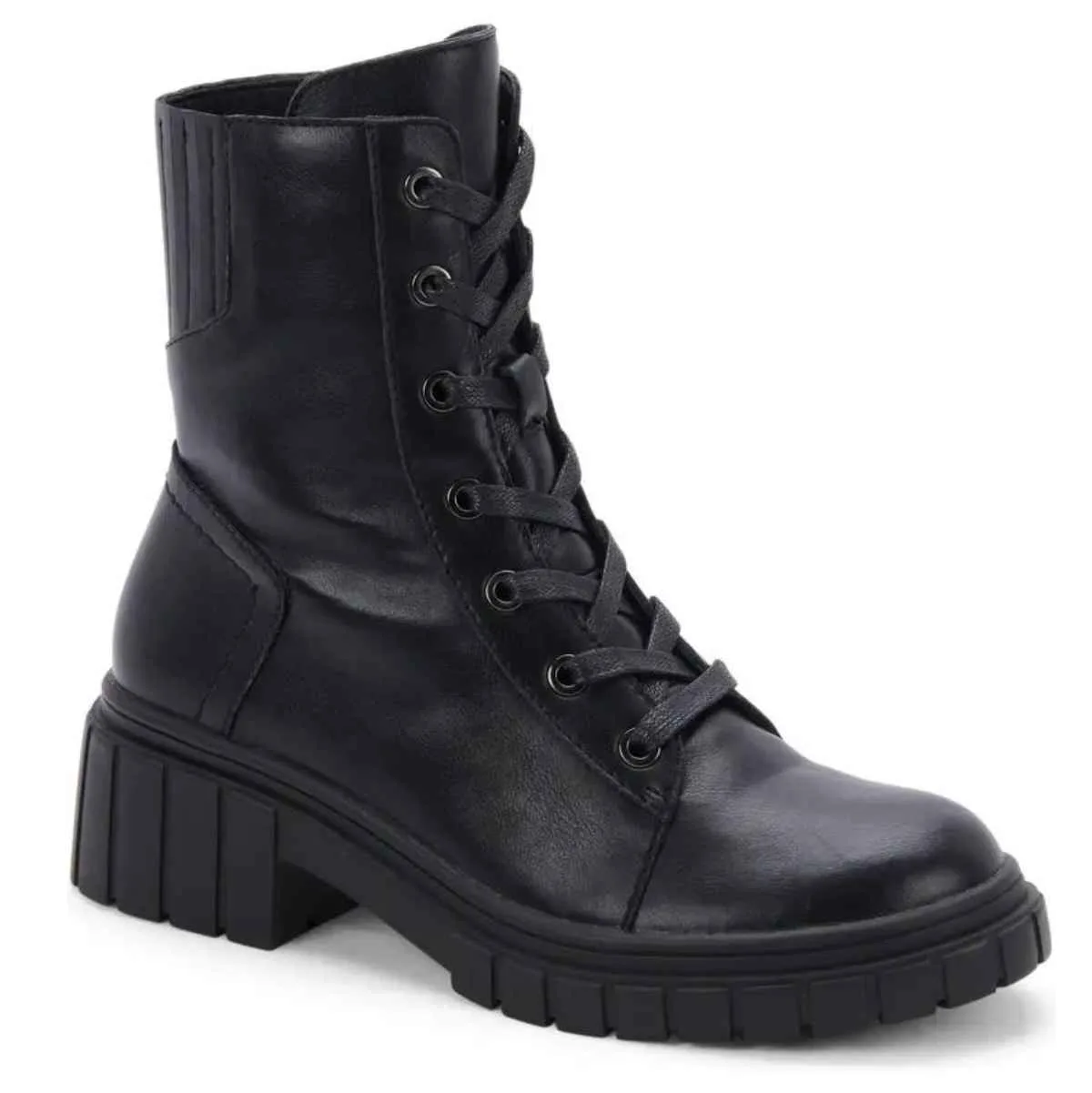 Women's black waterproof combat boots with chunk heel on a white background.