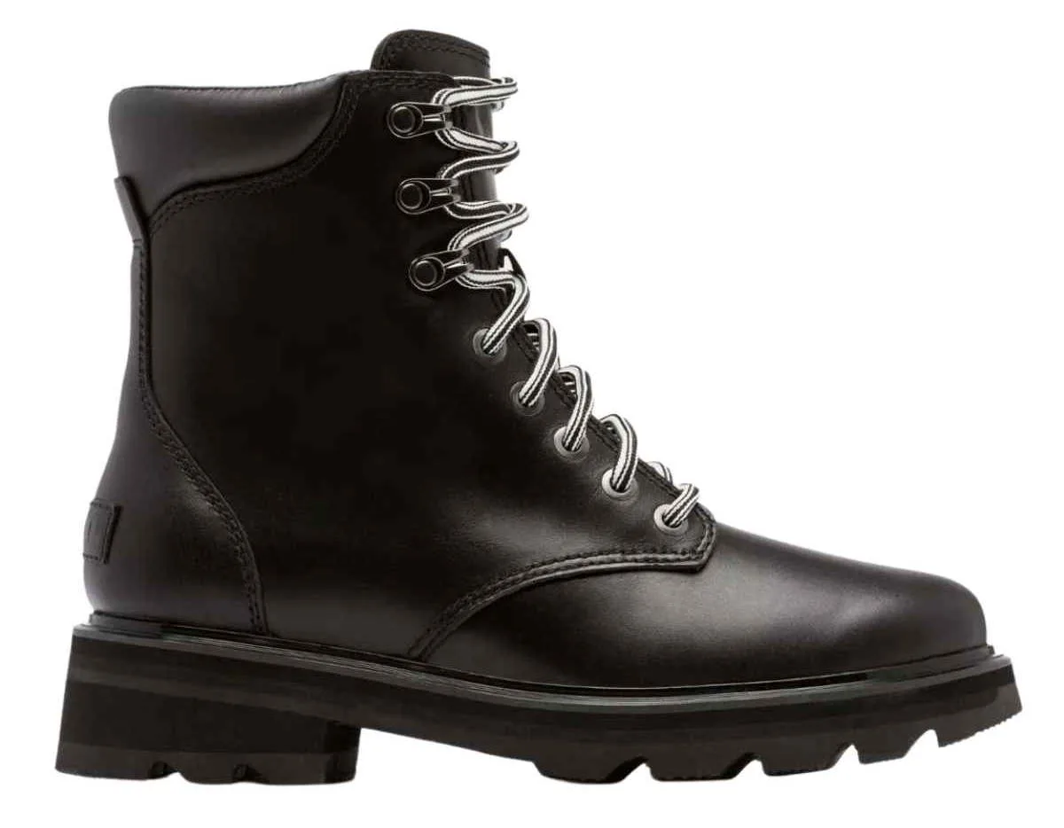Women's waterproof black combat boots with slanted lug sole and white and black stripe laces on a white background.