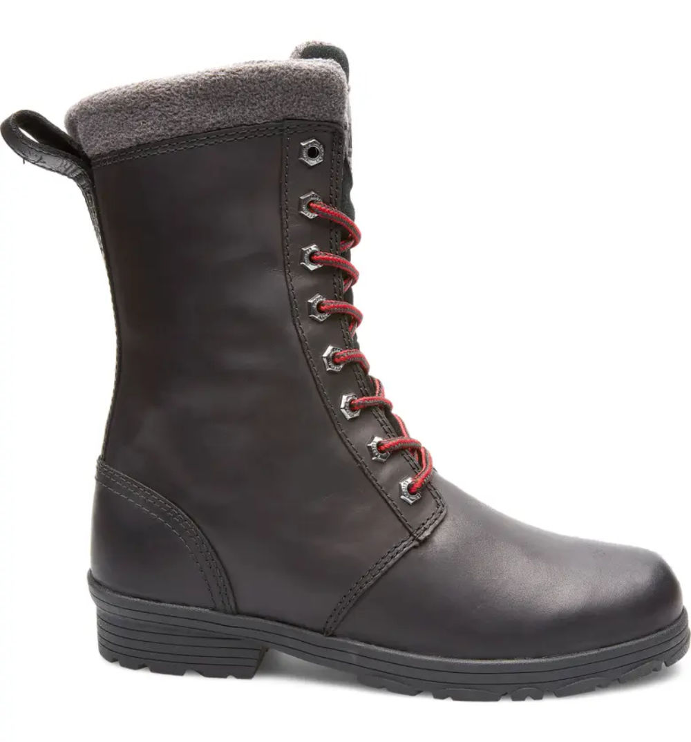 Black waterproof tall combat boots with red laces.