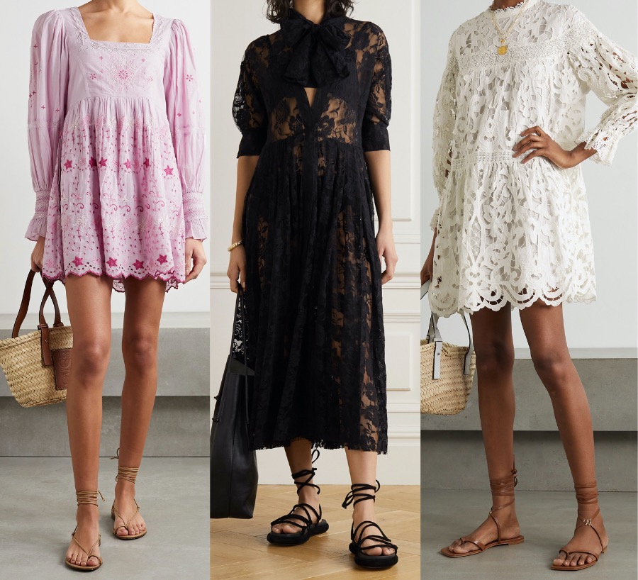 Collage of 3 women wearing different lace dresses with strappy flat sandals. 