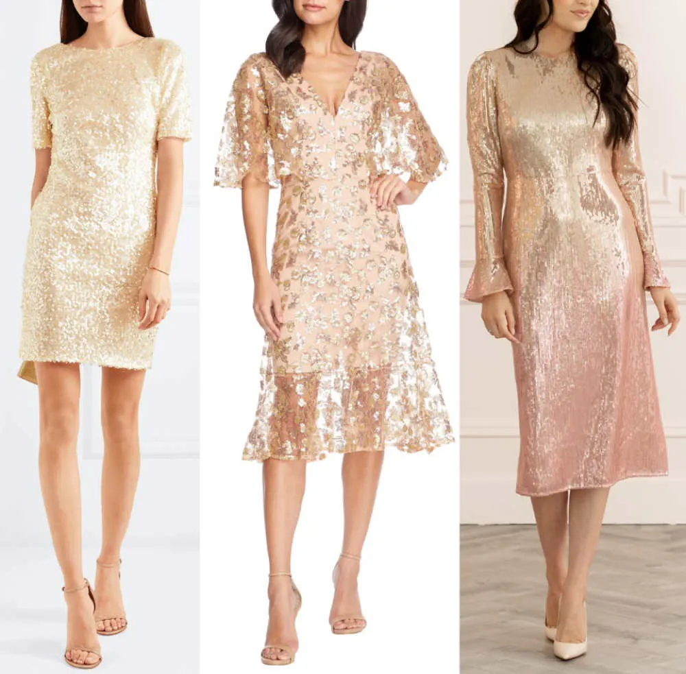 3 women wearing beige color shoes with champagne dresses