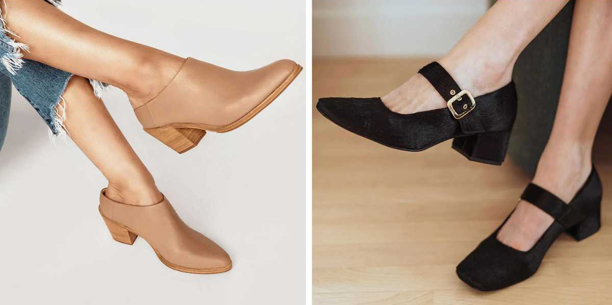 Two close ups of women's shoes wearing a tan ankle bootie and a black mary jane pump from Canadian Brand Poppy Barley.