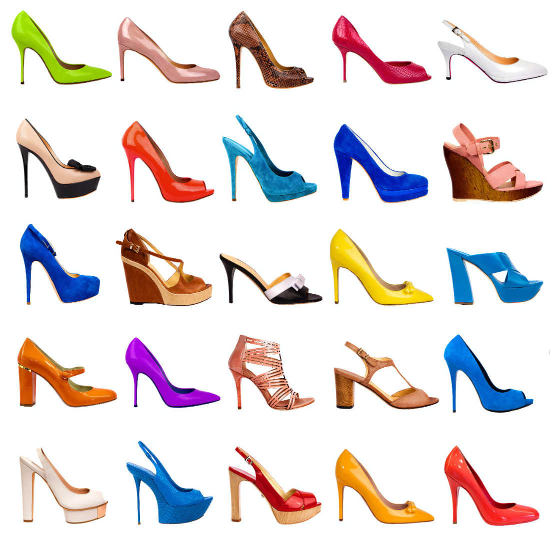 DIfferent types of heels in different colors on a white background.