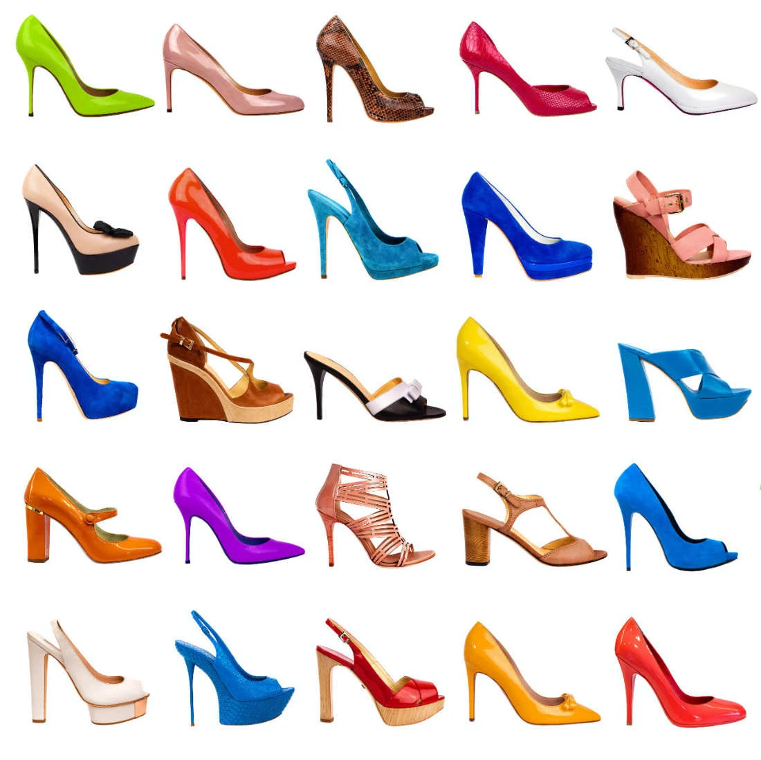 DIfferent types of heels in different colors on a white background.