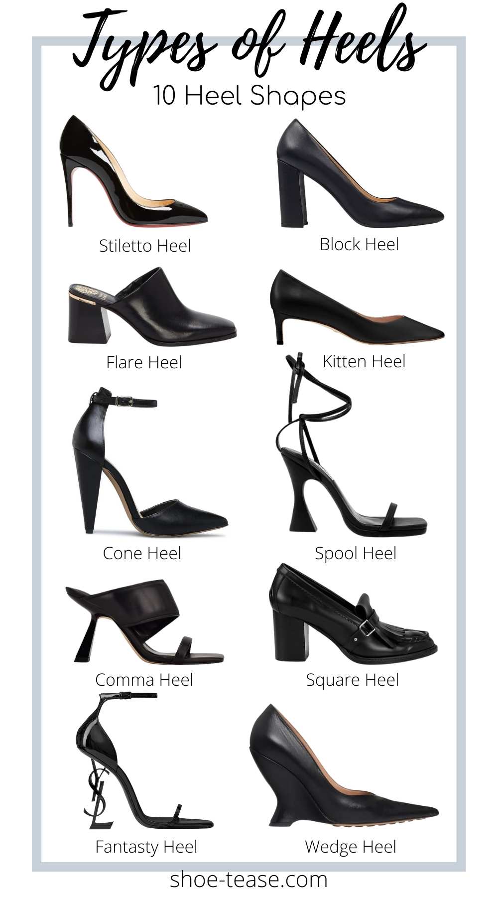 Collage of 10 different types of high heel shapes.