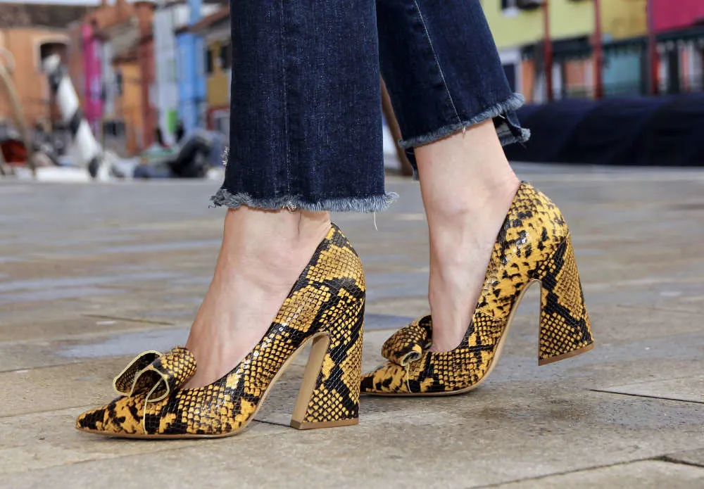 Yellow snake print shoes with flare heels | different types of heels
