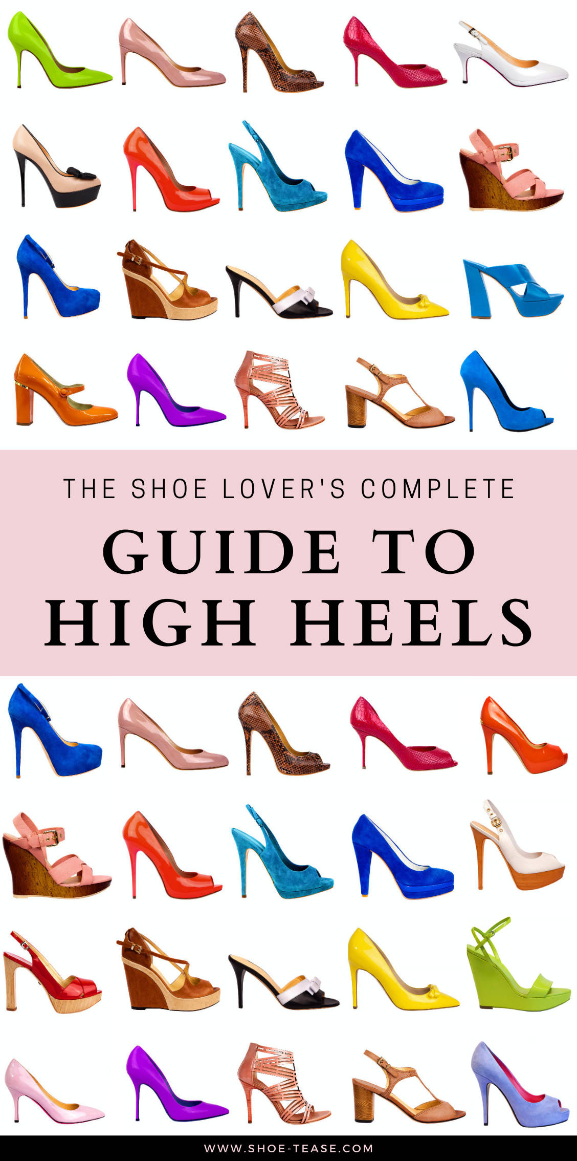 Text "The Shoe Lover's Guide to High Heels" over illustrations of different types of heels in different of colorful shoes on white background.