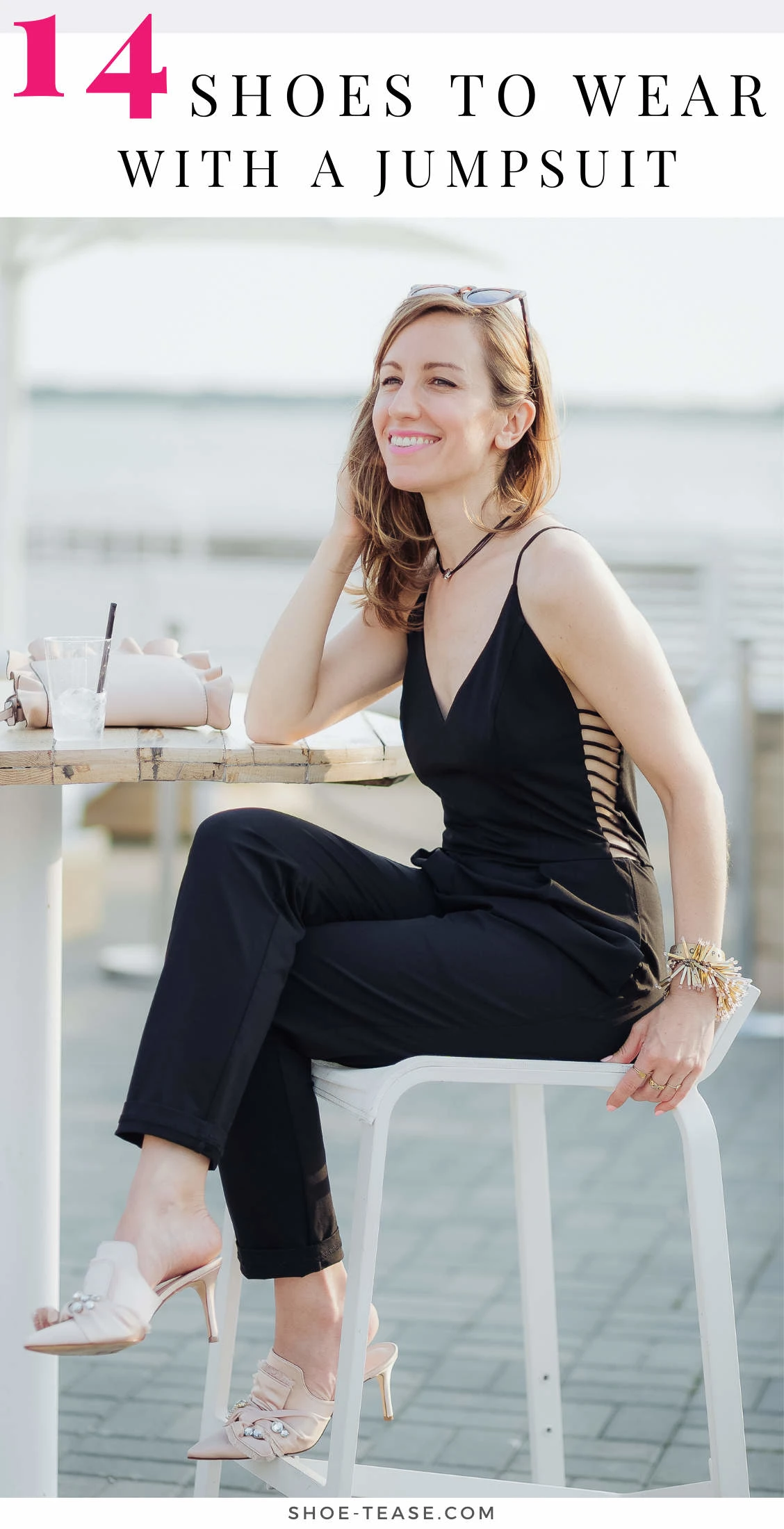 Lady sitting wearing Mule shoes to wear with jumpsuit blush accessories