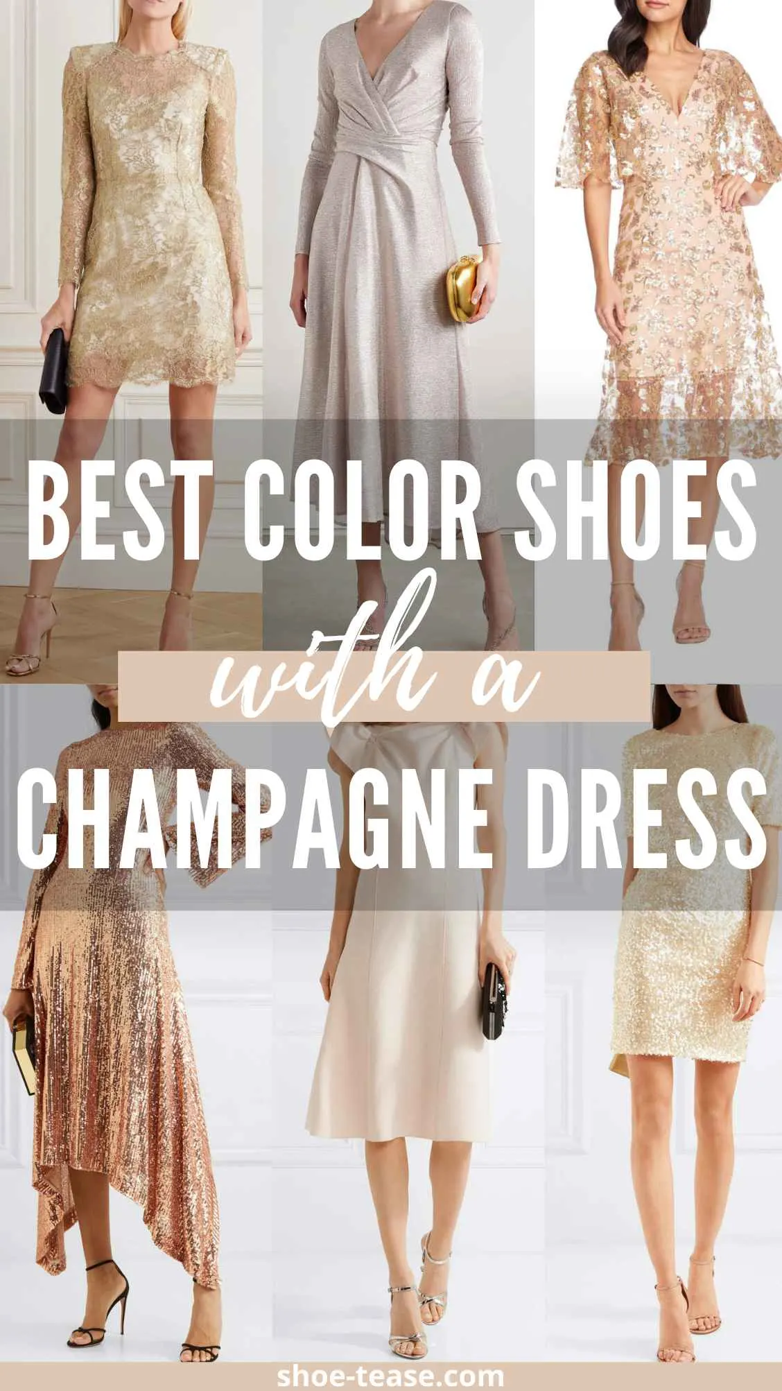 6 women wearing beige color shoes with champagne dresses