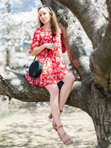 Lady sitting in tree wearing floral short dress with high heel shoes, to illustrate post on shoes to wear with dresses.
