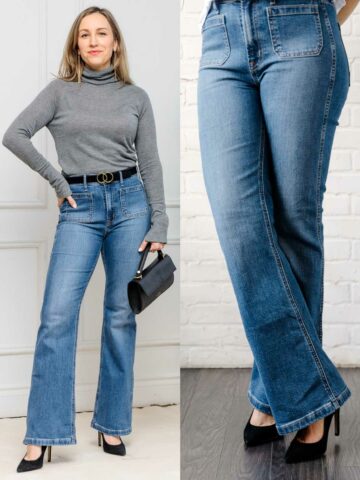 Woman wearing high heel shoes with flare jeans grey turtleneck and black purse.
