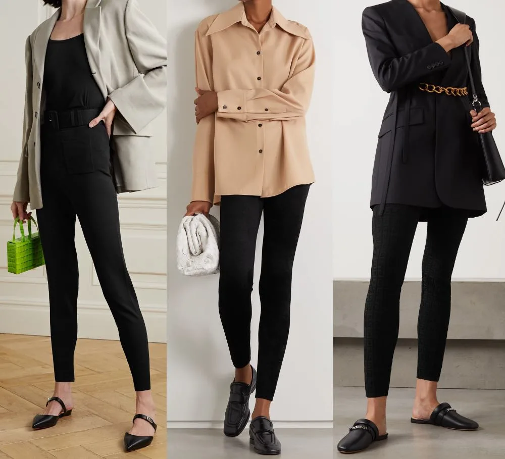 3 women showing how to wear leggings to work with black legging and various structured tops.