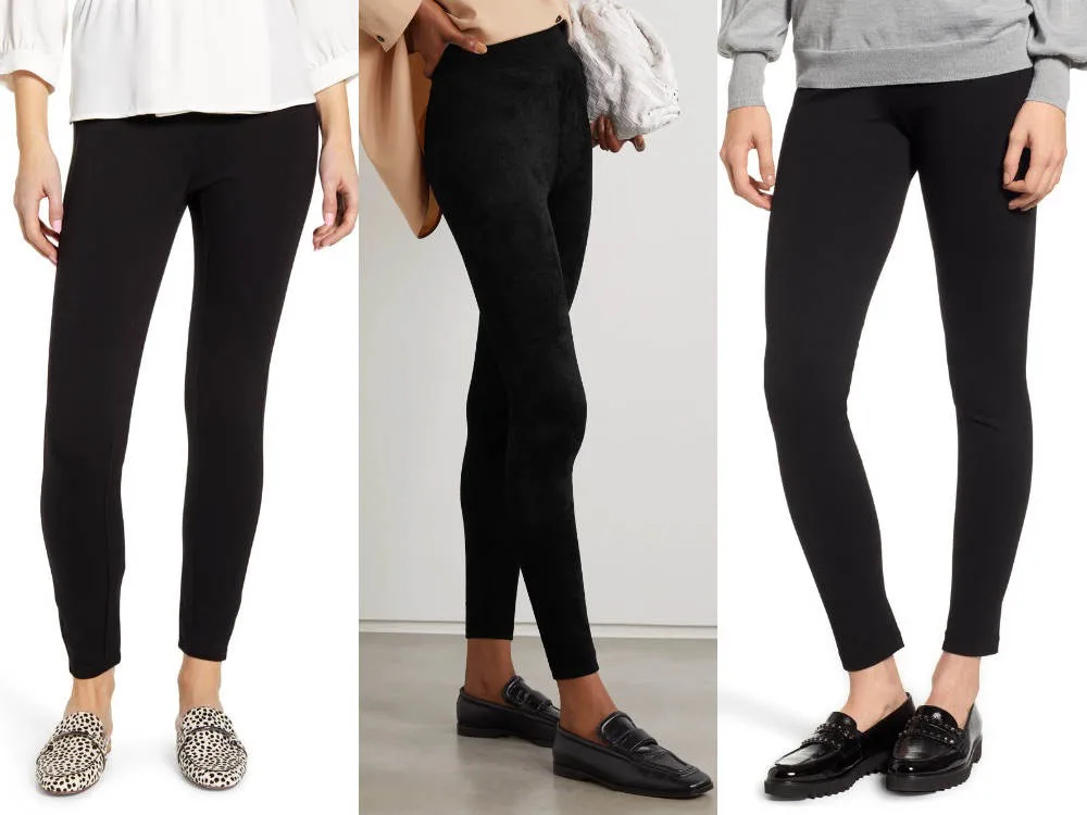 Bottom half of 3 women wearing loafers shoes with leggings.