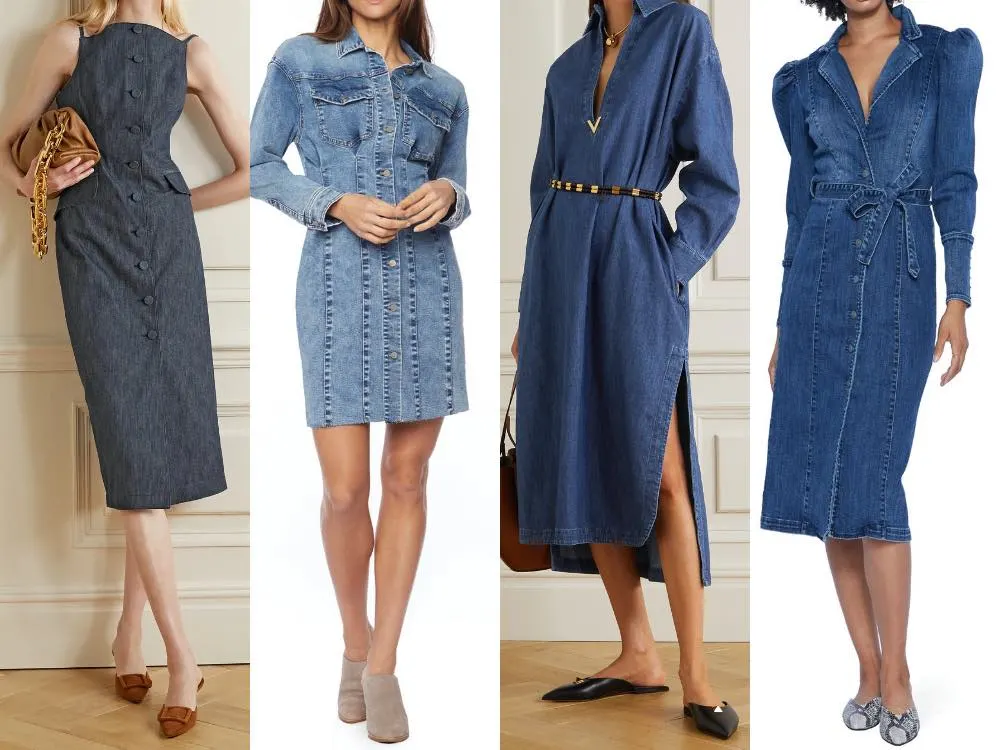 4 models illustrating what shoes to wear with a denim dress in different styles.
