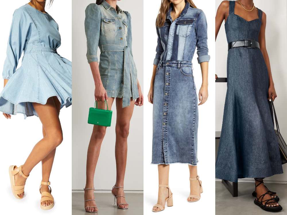 4 models illustrating what boots to wear with a denim dress.