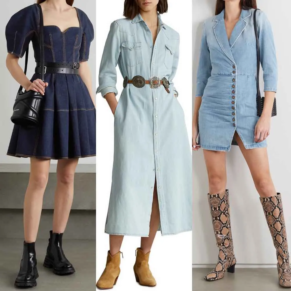 3 models wearing what boots to wear with a denim dress.