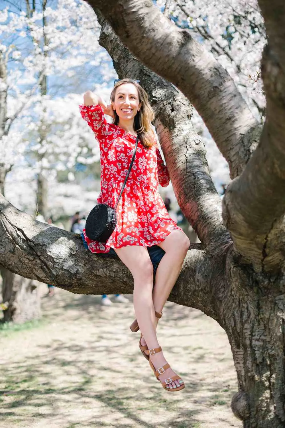 red smocked midi dress, tan wedges, denim jacket, and statement necklace  outfit - Putting Me Together