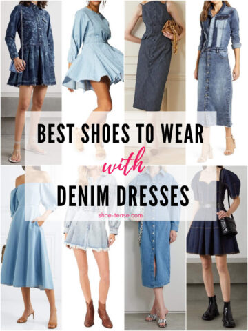 Collage of models illustrating what Shoes to wear with a denim dress.