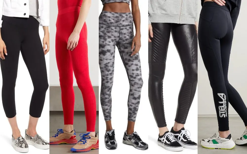 4 women showing how to wear sneakers with leggings.