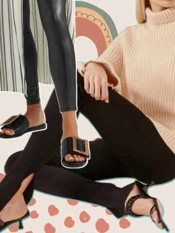 Collage of 2 cropped women's legs wearing some of the best shoes to wear with leggings on light pink background.