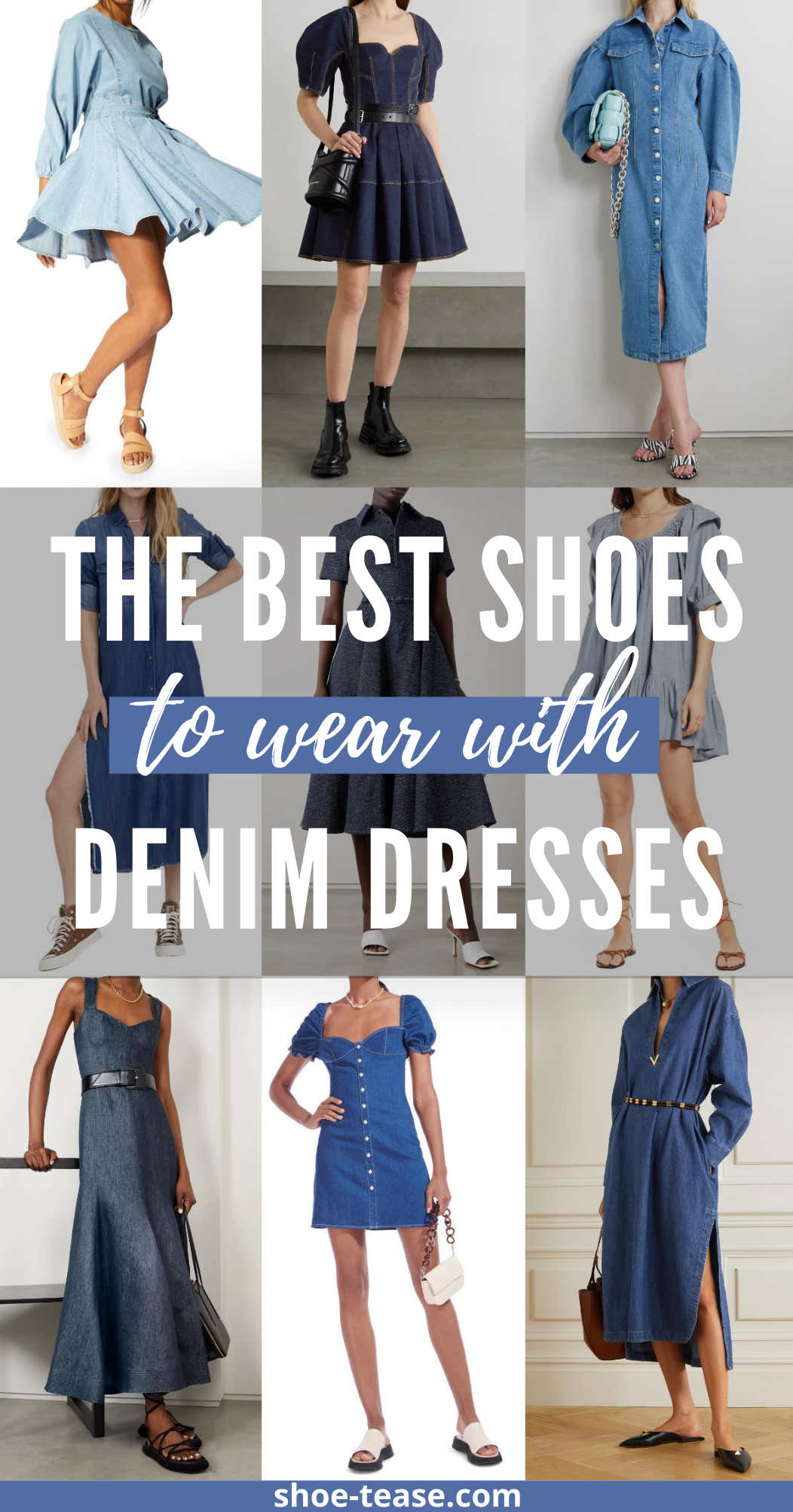 Collage of models illustrating what Shoes to wear with a denim dress.