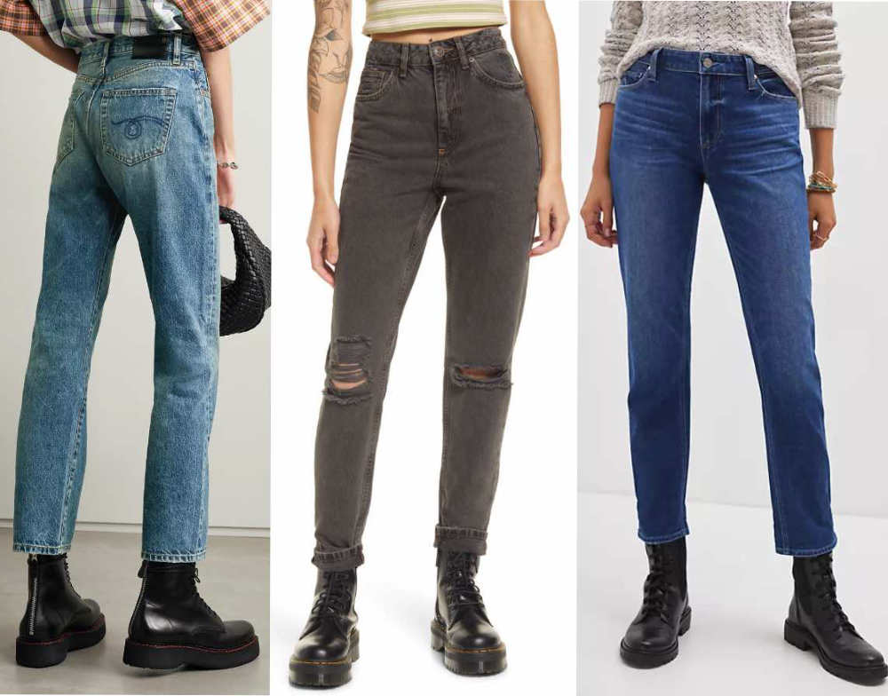 3 women wearing shoes to wear with straight leg jeans: combat boots.