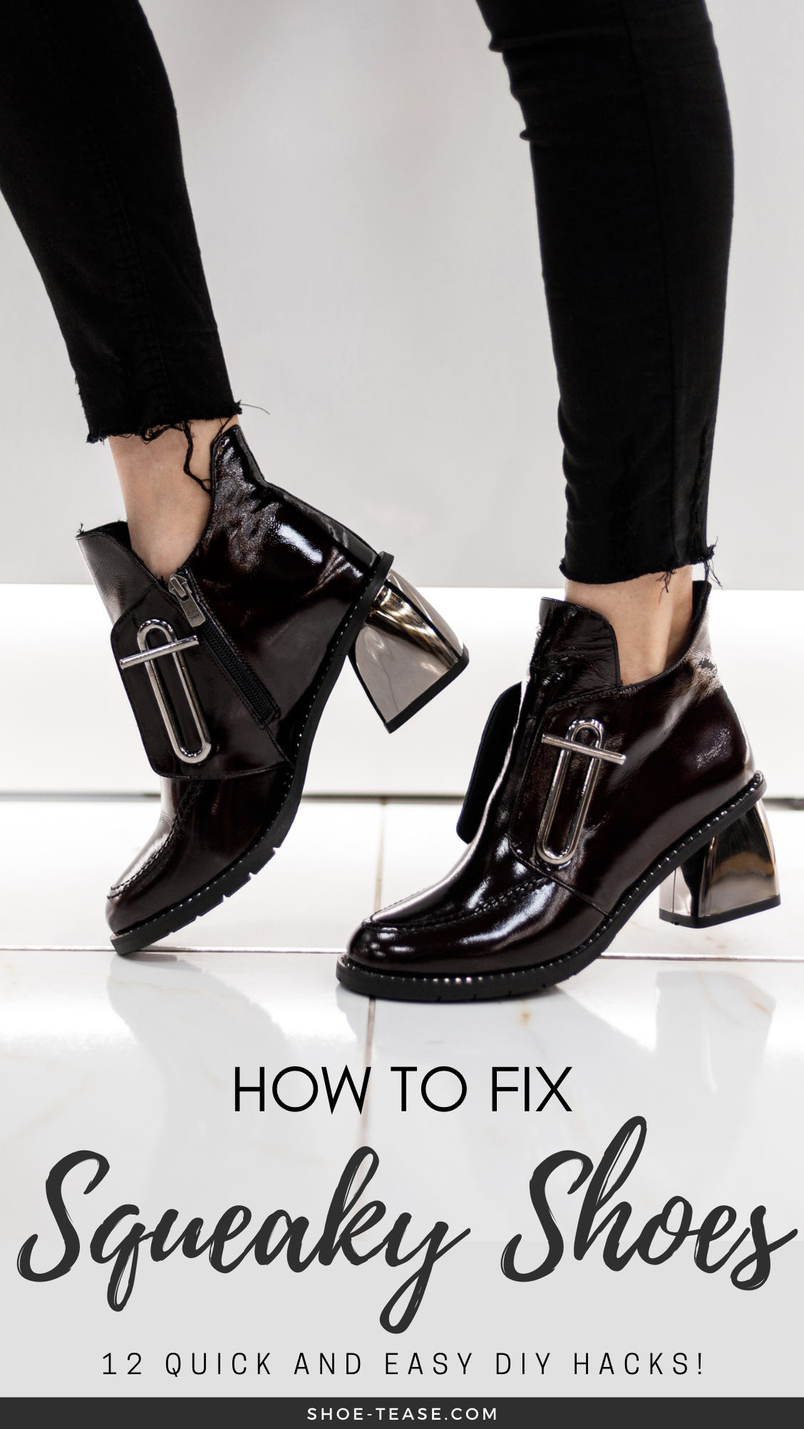  How to fix squeaky shoes-tekstin alla on kuva kiiltonahkatossuihin pukeutuneesta naisesta, joka kävelee kiiltävillä kaakeleilla.