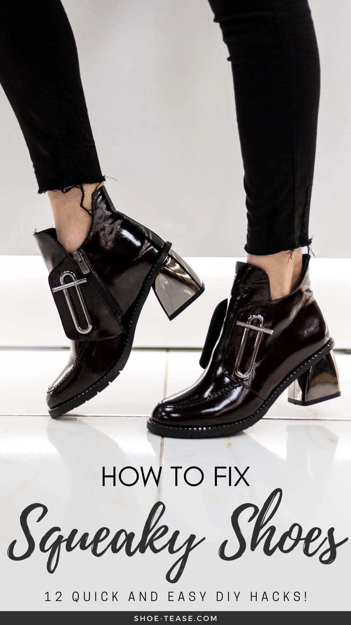 How to fix squeaky shoes text under image of woman wearing patent leather booties walking on shiny tiles.