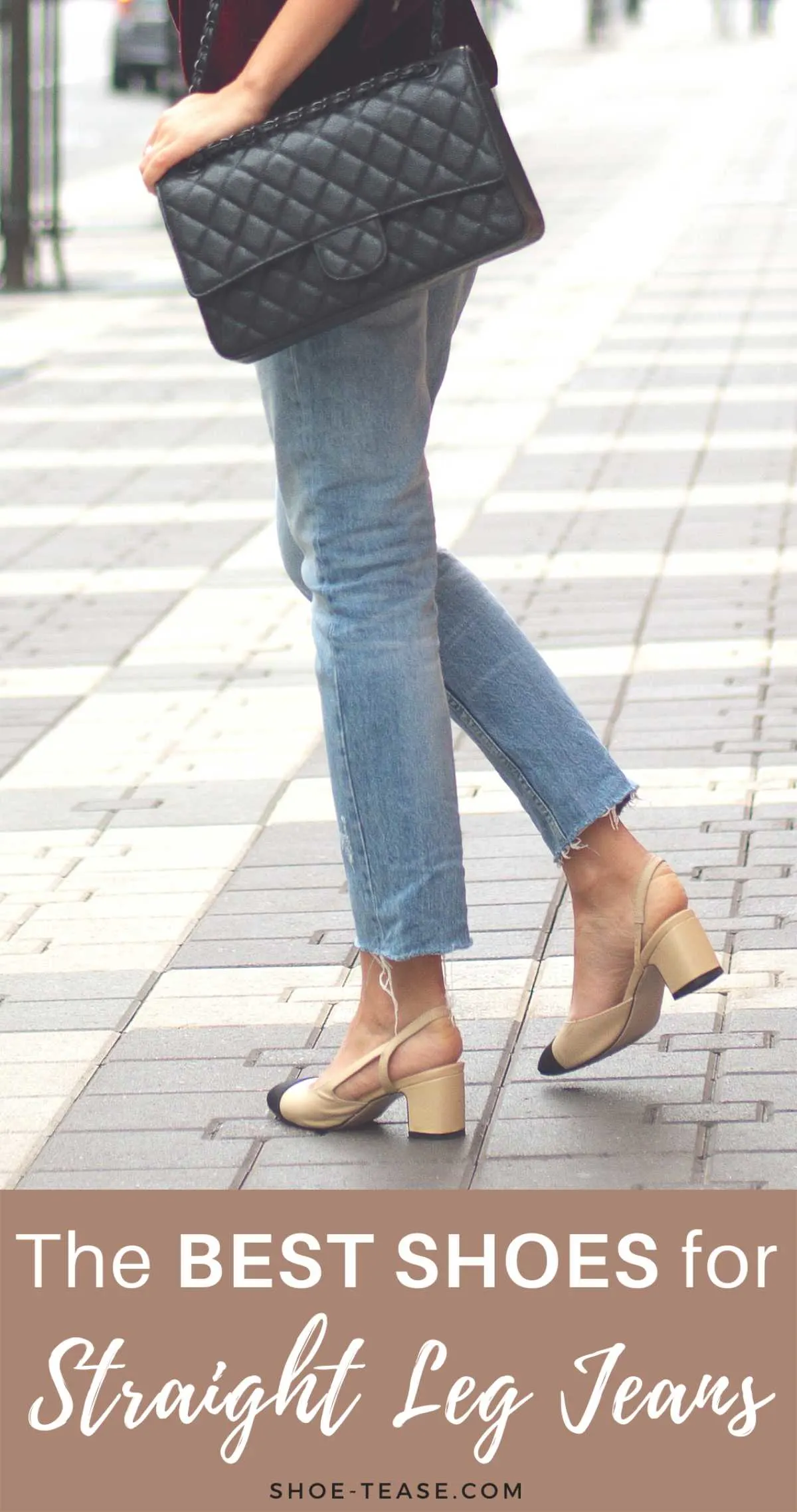 Cropped woman wearing straight leg jeans with pumps over text reading the best shoes for straight leg jeans.