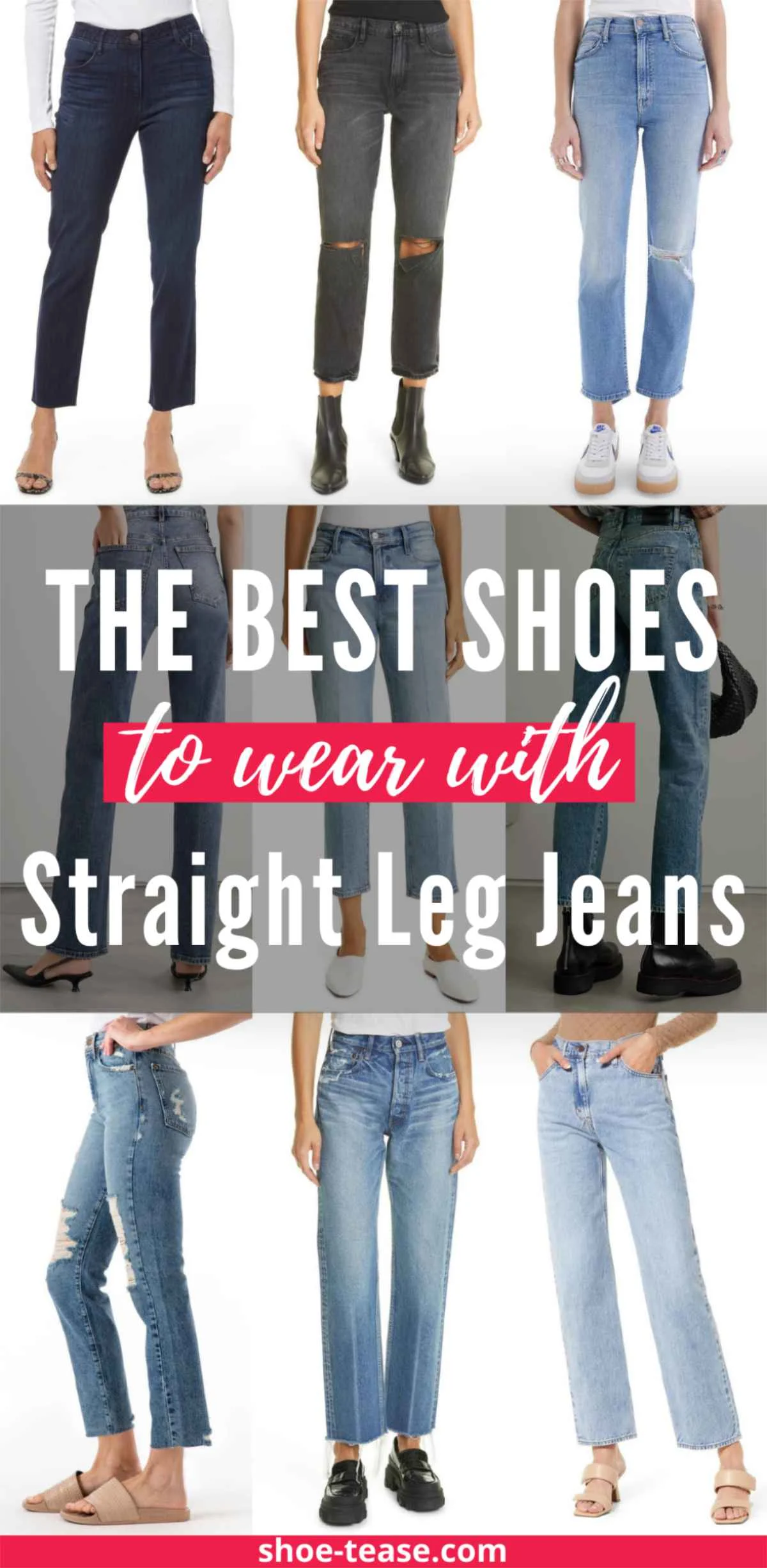 Collage of 9 cropped women wearing the best shoes with straight leg jeans.