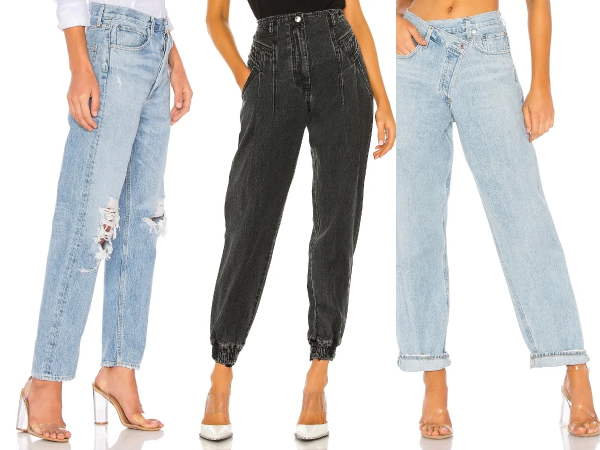 3 women wearing clear heels with mom jeans.