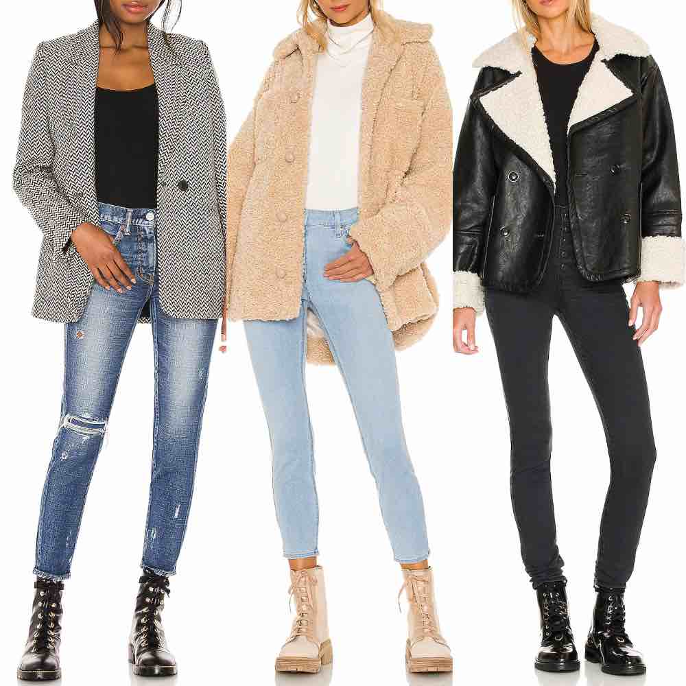 3 women wearing outfits with combat boots and skinny jeans.