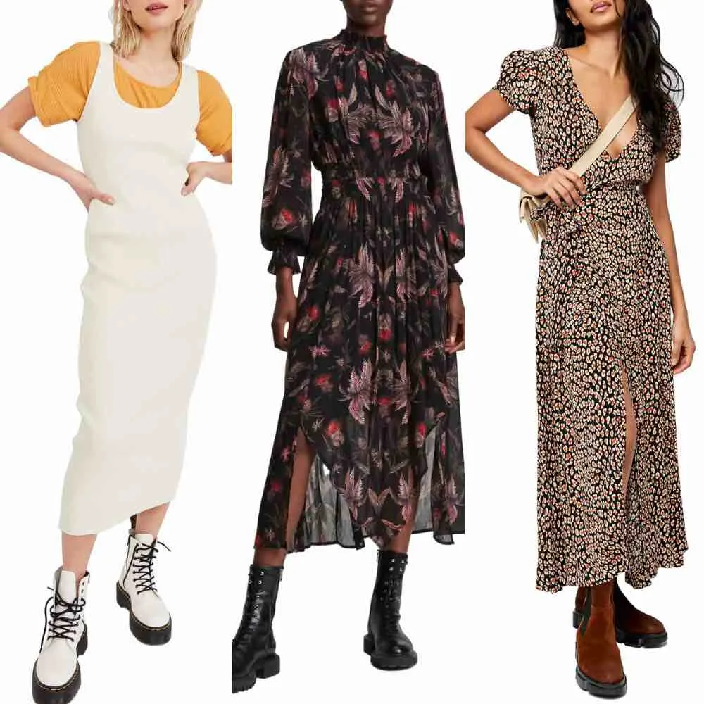 3 Women wearing combat boots outfits with maxi dresses.