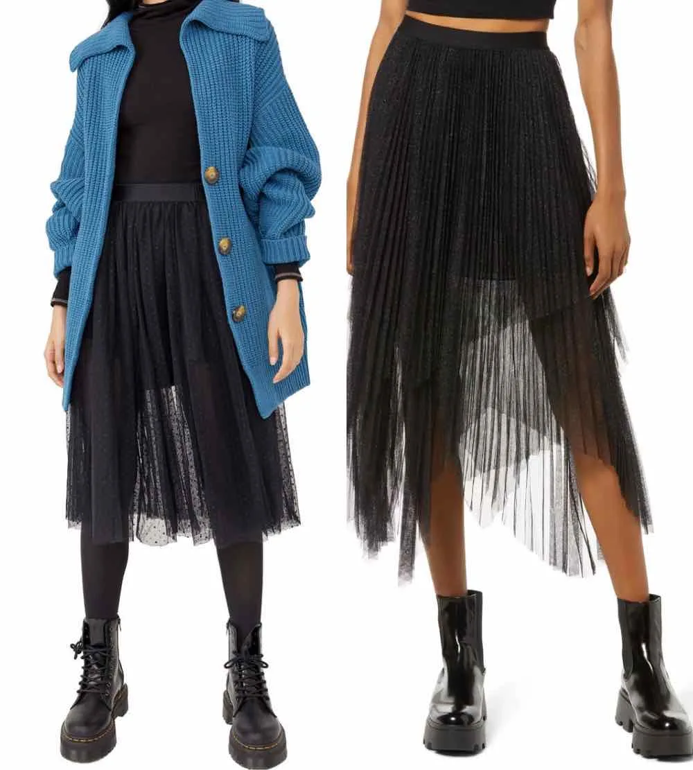 2 Women wearing combat boots outfits with tulle skirts.